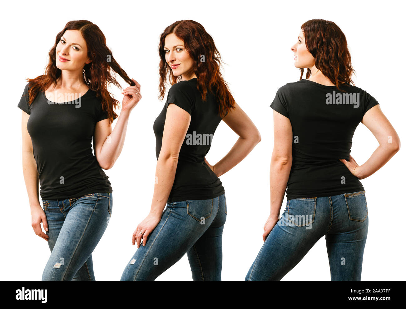 Foto di una giovane bella redhead donna con vuoto camicia nera, anteriore, laterale e posteriore. Pronto per il tuo progetto o di opere d'arte. Foto Stock