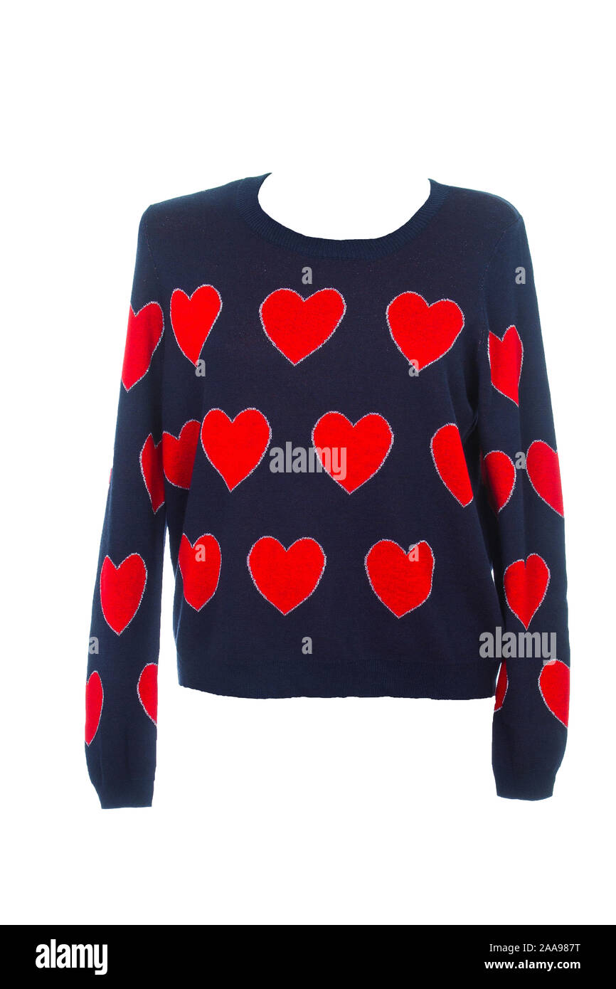 Felpa lavorata a maglia con cuori isolati su sfondo bianco Foto Stock