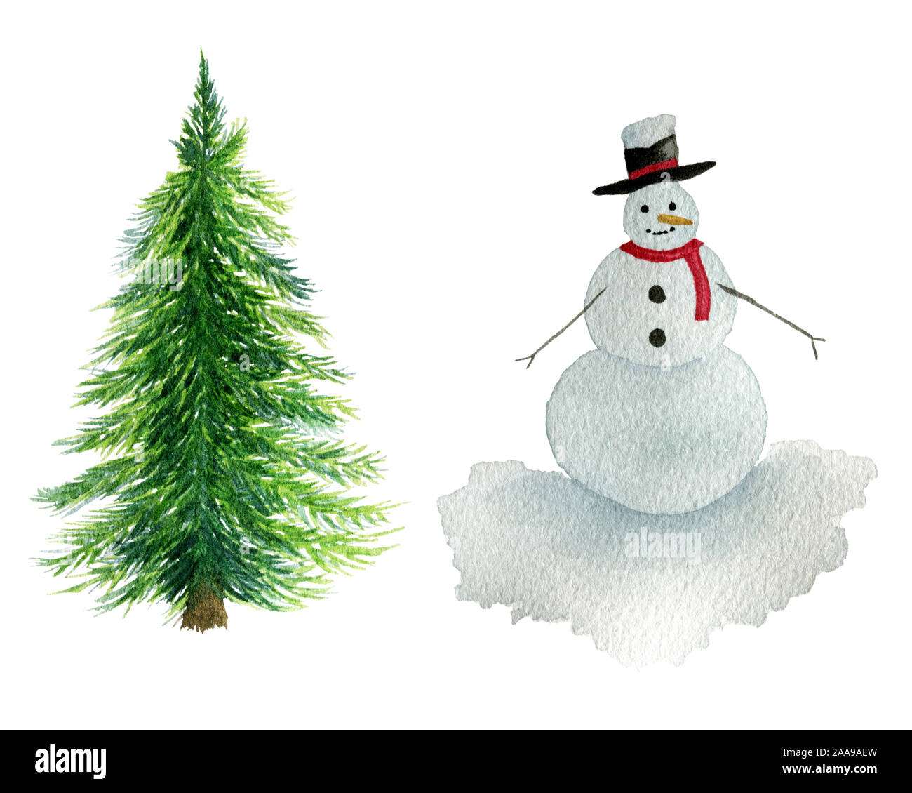 Albero di Natale e neve uomo isolato su bianco inverno acquerello gli elementi di design Foto Stock