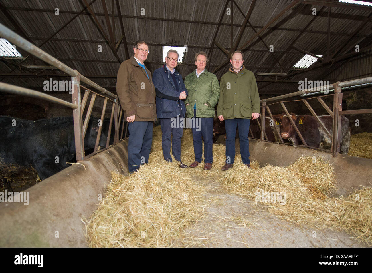 È sotto embargo fino alle 17:30 di oggi (20 novembre 2019) Glasgow, UK. Xx Nov, 2019. Nella foto: (L-R) Donald Biggar; Michael Gove MP - Cancelliere del Ducato di Lancaster; Alister Jack MP - Il Segretario di Stato per la Scozia; James Biggar. Signor Gove è visto di campagna elettorale in Scozia per fissare il Tory votare per le elezioni generali del dodicesimo mese di dicembre. Credito: Colin Fisher/Alamy Live News Foto Stock