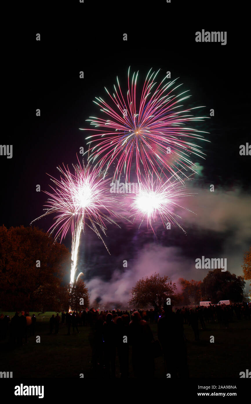 Fuochi d'artificio a Harlow Town Park Essex, ci sono persone nell'immagine, ma essi si stagliano e identificabili Foto Stock