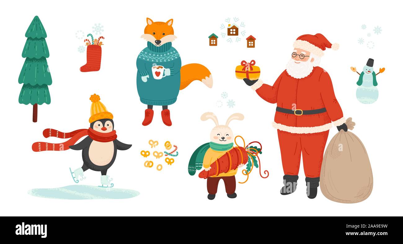 Vacanze inverno simboli bundle. Celebrazione della Messa di Natale illustrazioni vettoriali set. Santa Claus e simpatici animali personaggi isolati su sfondo bianco. Illustrazione Vettoriale