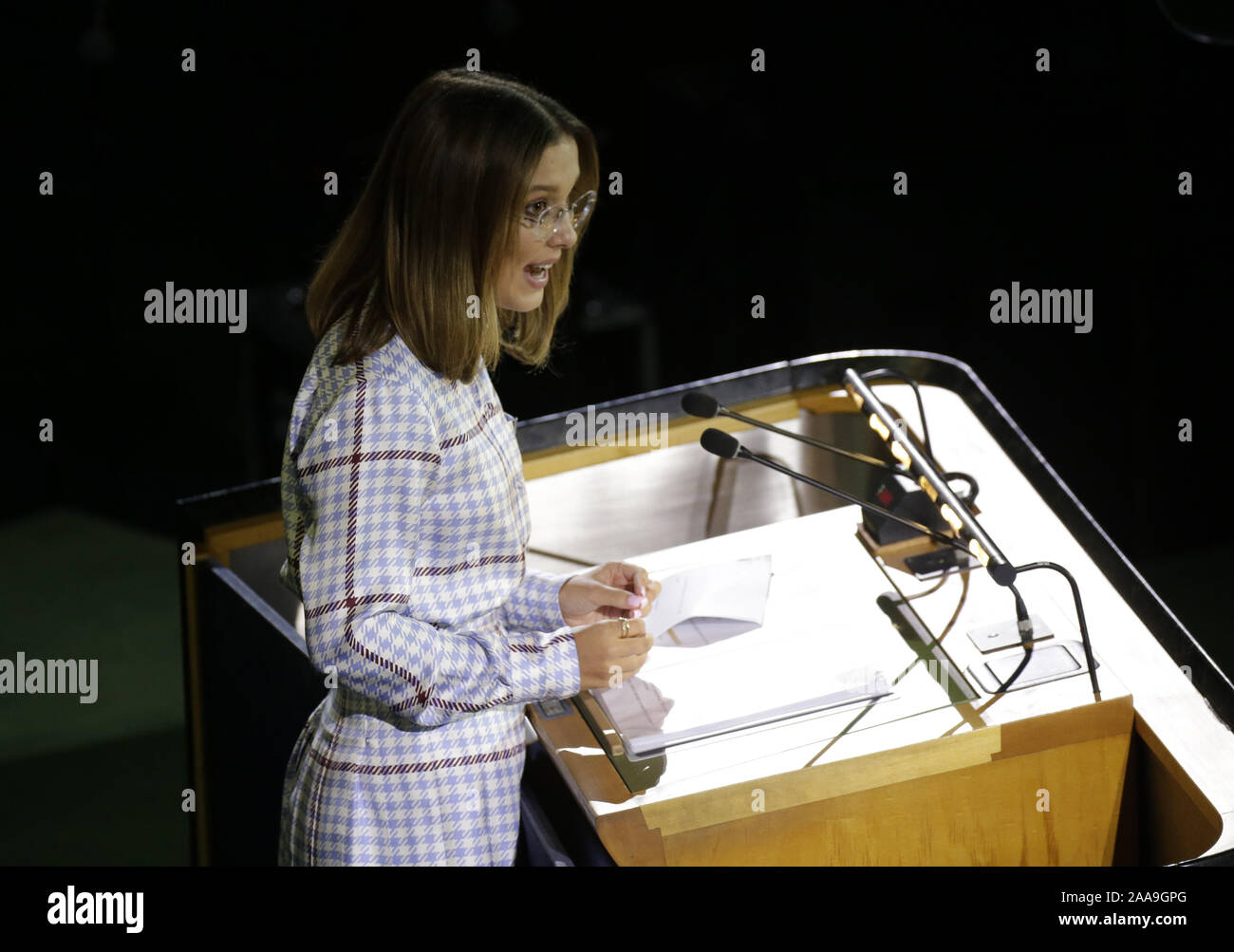 New York, Stati Uniti. Xx Nov, 2019. Millie Bobby Brown parla di un mondo bambini Giorno del caso presso la sede delle Nazioni Unite a New York City il Mercoledì, Novembre 20, 2019. Foto di Giovanni Angelillo/UPI Credito: UPI/Alamy Live News Foto Stock