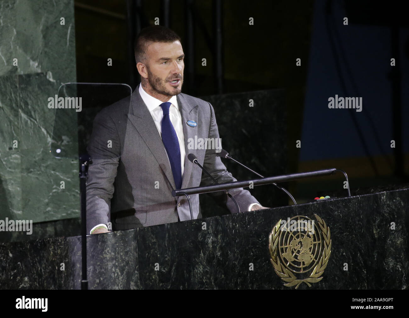 New York, Stati Uniti. Xx Nov, 2019. David Beckham parla di un mondo bambini Giorno del caso presso la sede delle Nazioni Unite a New York City il Mercoledì, Novembre 20, 2019. Foto di Giovanni Angelillo/UPI Credito: UPI/Alamy Live News Foto Stock