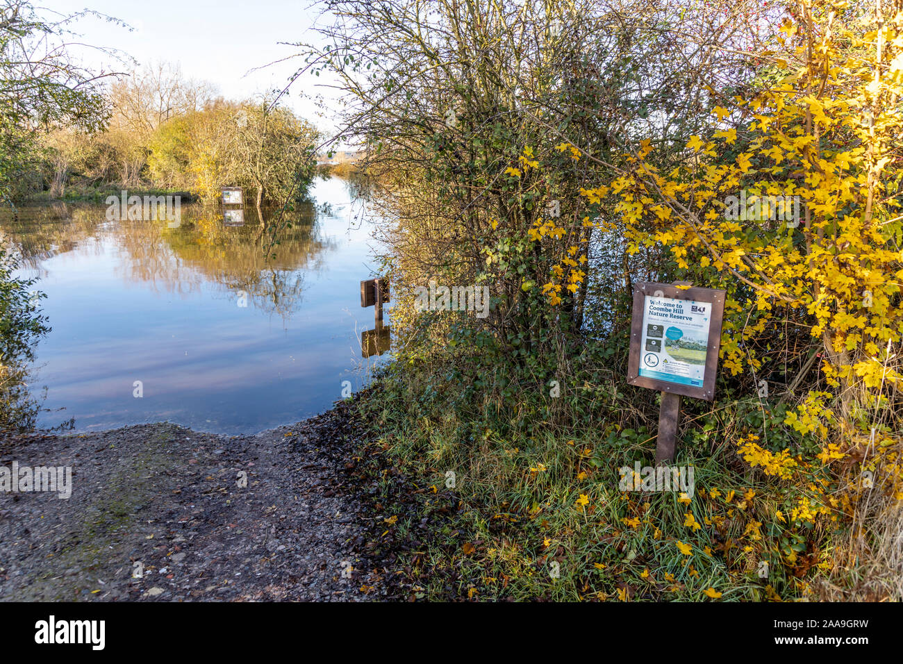 Il fiume Severn è allagato al canale di Coombe Hill e alla riserva naturale di Meadows, a sud di Tewkesbury, Gloucestershire UK, il 18/11/2019 Foto Stock