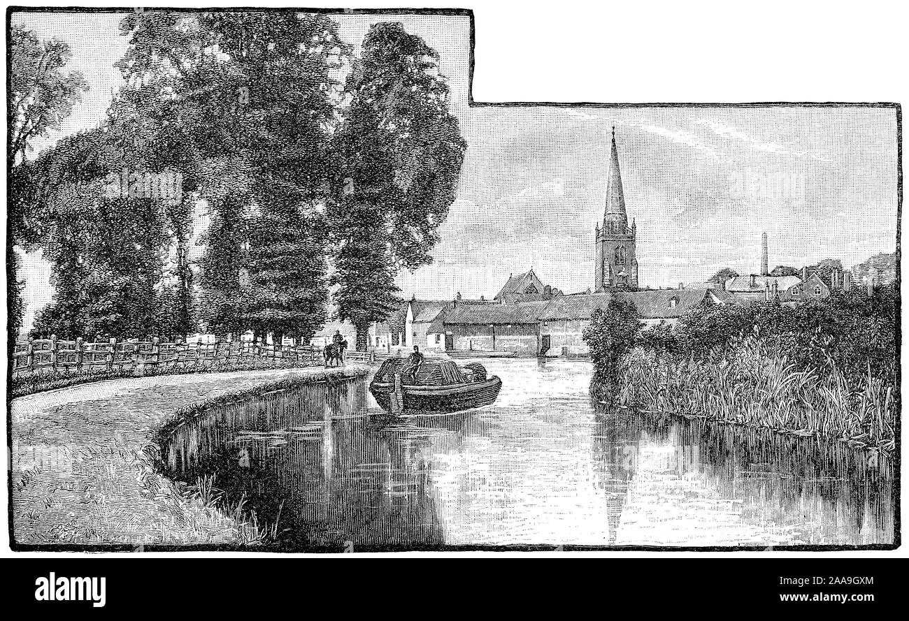 1891 incisione di Abingdon-on-Thames, visto dal fiume Tamigi, nella contea di Oxford, Inghilterra. Sant'Elena chiesa parrocchiale è visibile nello skyline della citta'. Foto Stock