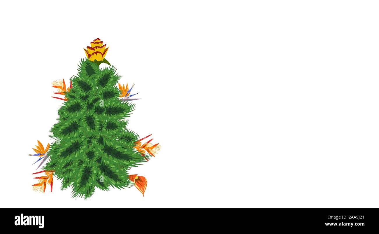 Set di albero di Natale fatto di foglie tropicali monstera, avocado, fenicotteri nella Santa Claus cappelli, doni sotto l'albero di Natale, fuochi d'artificio. Nuovo anno ce Illustrazione Vettoriale