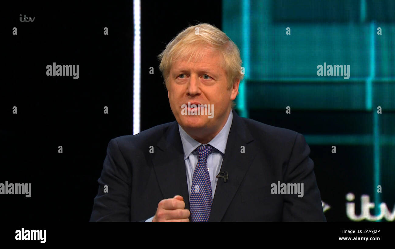 TV Broadcast Video Capture, Regno Unito. Xix Nov, 2019. Leader laburista Jeremy Corbyn e il Primo Ministro Boris Johnson dibattito dal vivo su ITV stasera come parte del 2019 la campagna elettorale. Data di presa: 20191119 - Credit: licenze Equinox Ltd./Alamy Live News Foto Stock