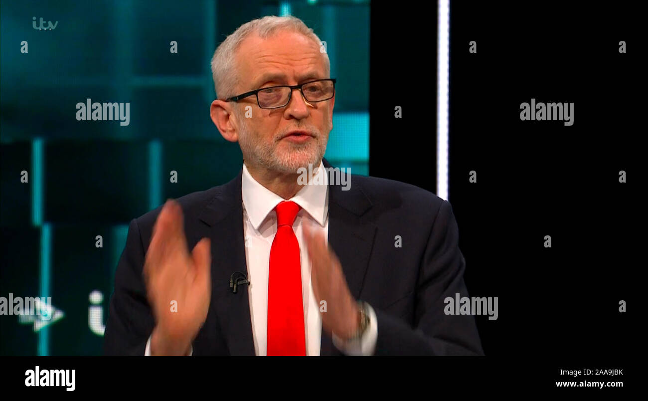 TV Broadcast Video Capture, Regno Unito. Xix Nov, 2019. Leader laburista Jeremy Corbyn e il Primo Ministro Boris Johnson dibattito dal vivo su ITV stasera come parte del 2019 la campagna elettorale. Data di presa: 20191119 - Credit: licenze Equinox Ltd./Alamy Live News Foto Stock