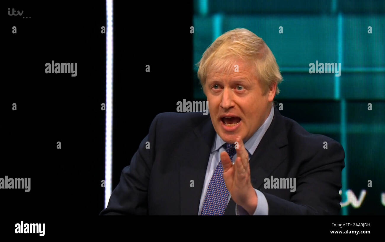 TV Broadcast Video Capture, Regno Unito. Xix Nov, 2019. Leader laburista Jeremy Corbyn e il Primo Ministro Boris Johnson dibattito dal vivo su ITV stasera come parte del 2019 la campagna elettorale. Data di presa: 20191119 - Credit: licenze Equinox Ltd./Alamy Live News Foto Stock