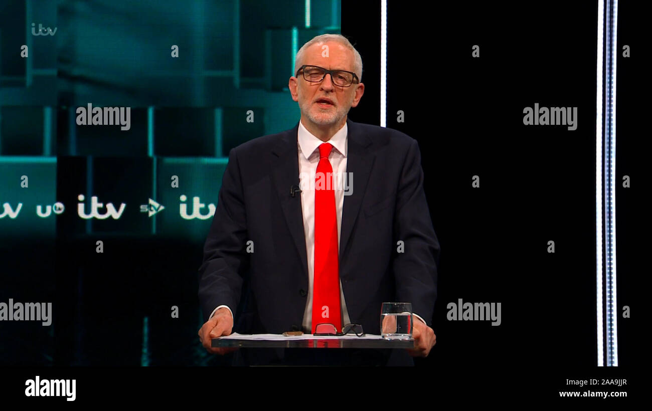 TV Broadcast Video Capture, Regno Unito. Xix Nov, 2019. Leader laburista Jeremy Corbyn e il Primo Ministro Boris Johnson dibattito dal vivo su ITV stasera come parte del 2019 la campagna elettorale. Data di presa: 20191119 - Credit: licenze Equinox Ltd./Alamy Live News Foto Stock