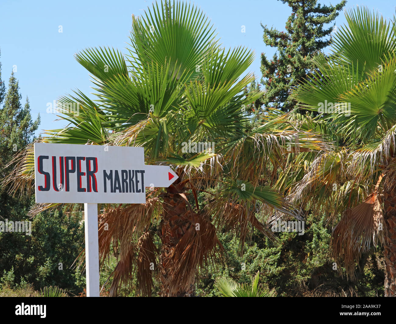 Supermercato segno mostrano il modo con palme sullo sfondo Foto Stock