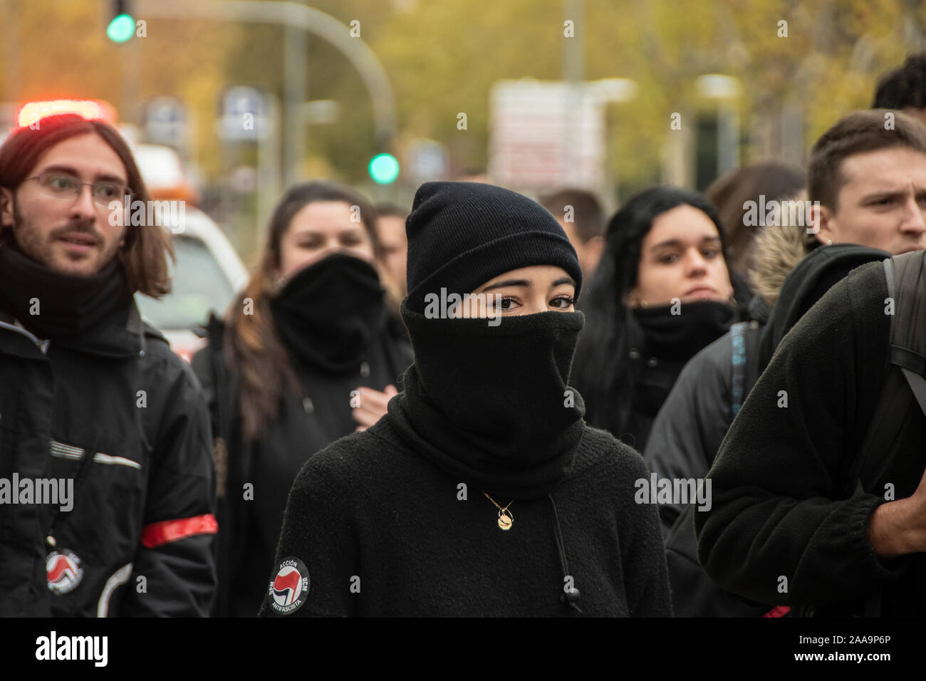 Manifestazione studentesca dell'ottantatreesimo anniversario della morte storica della spagnola leader anarchico Buenaventura Durritu, su Complutense Avenue, il Foto Stock