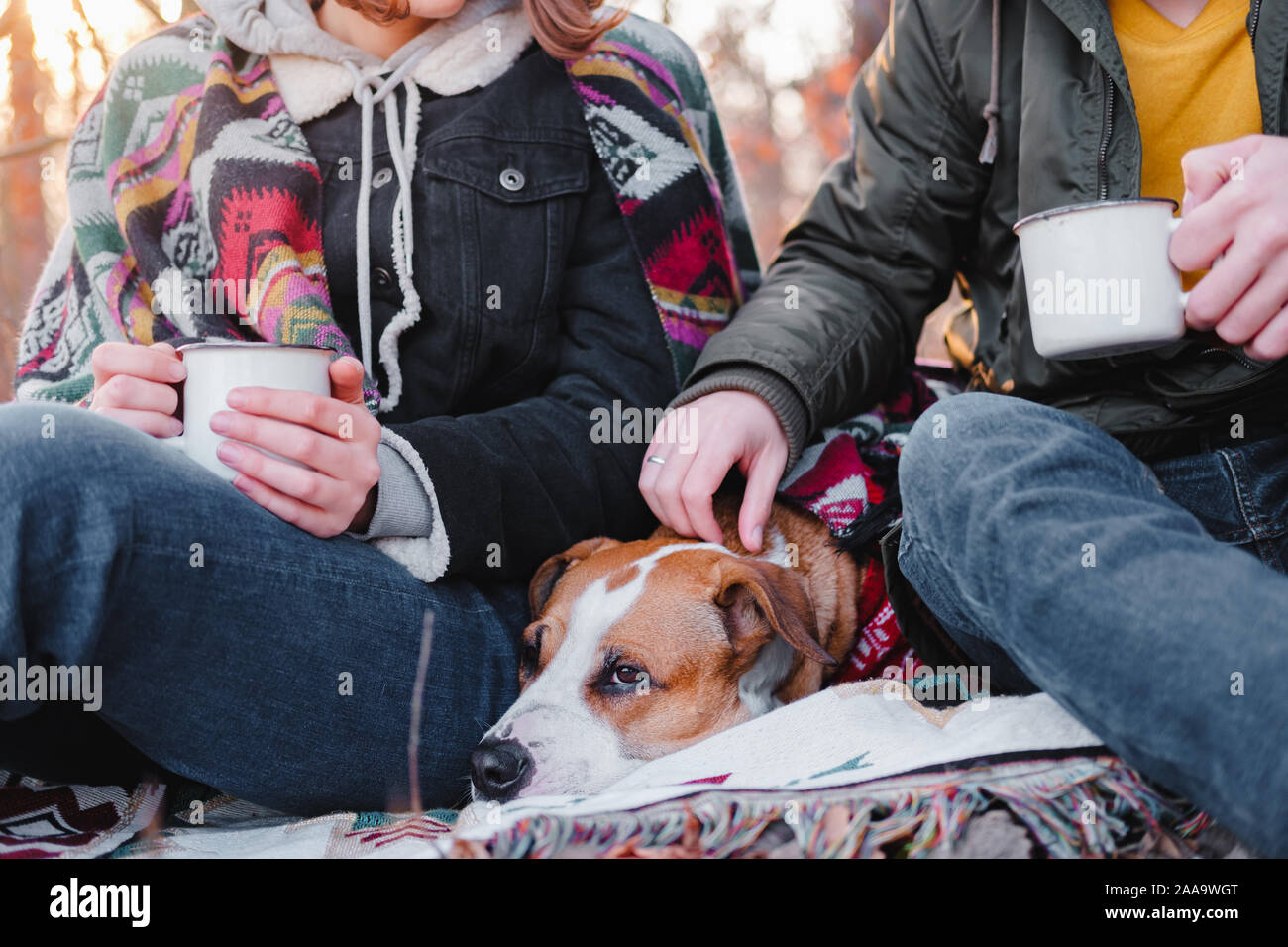 Due persone aventi un bel tempo all'aperto con un animale da compagnia in autunno. L uomo e la donna in abiti caldi sedersi all'aperto insieme con il loro cane su un incantevole piccante d Foto Stock