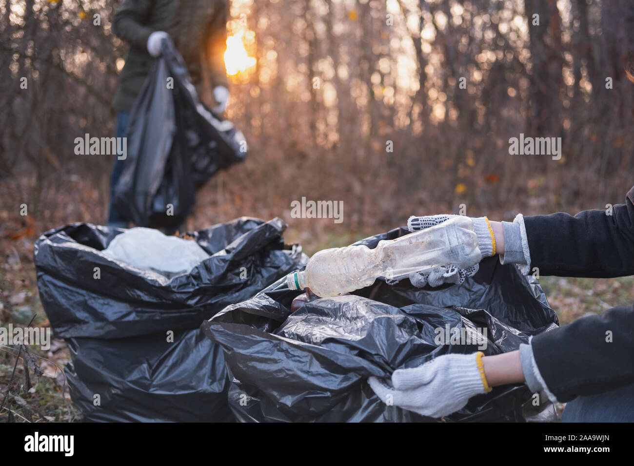 La consapevolezza ambientale concetto: persone clean up foresta da rifiuti in plastica. Sacchi pieni di vecchie bottiglie e altri rifiuti raccolti dalla natura da un gro Foto Stock