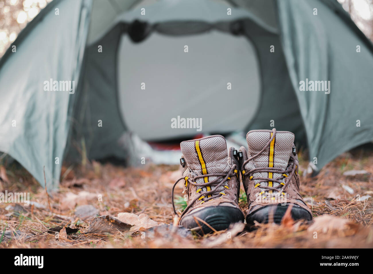 Il riposo attivo all'aperto: un paio di scarpe da trekking in un posto di campeggio. Camping luogo scena: trekking accessori in stand by la tenda nella foresta Foto Stock