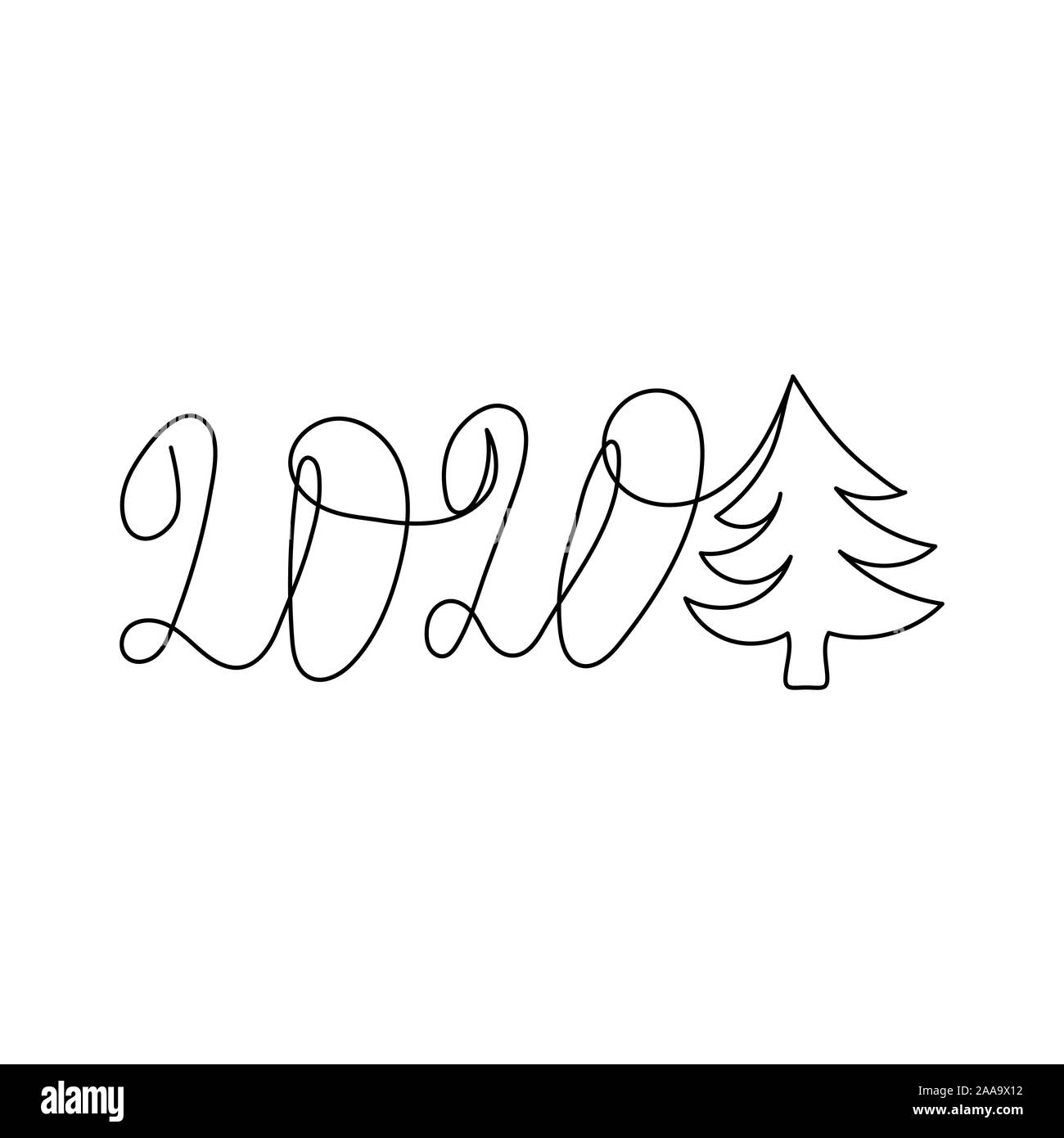 2020 e albero di Natale disegnato con uno nero linea continua isolati su sfondo bianco. Illustrazione Vettoriale