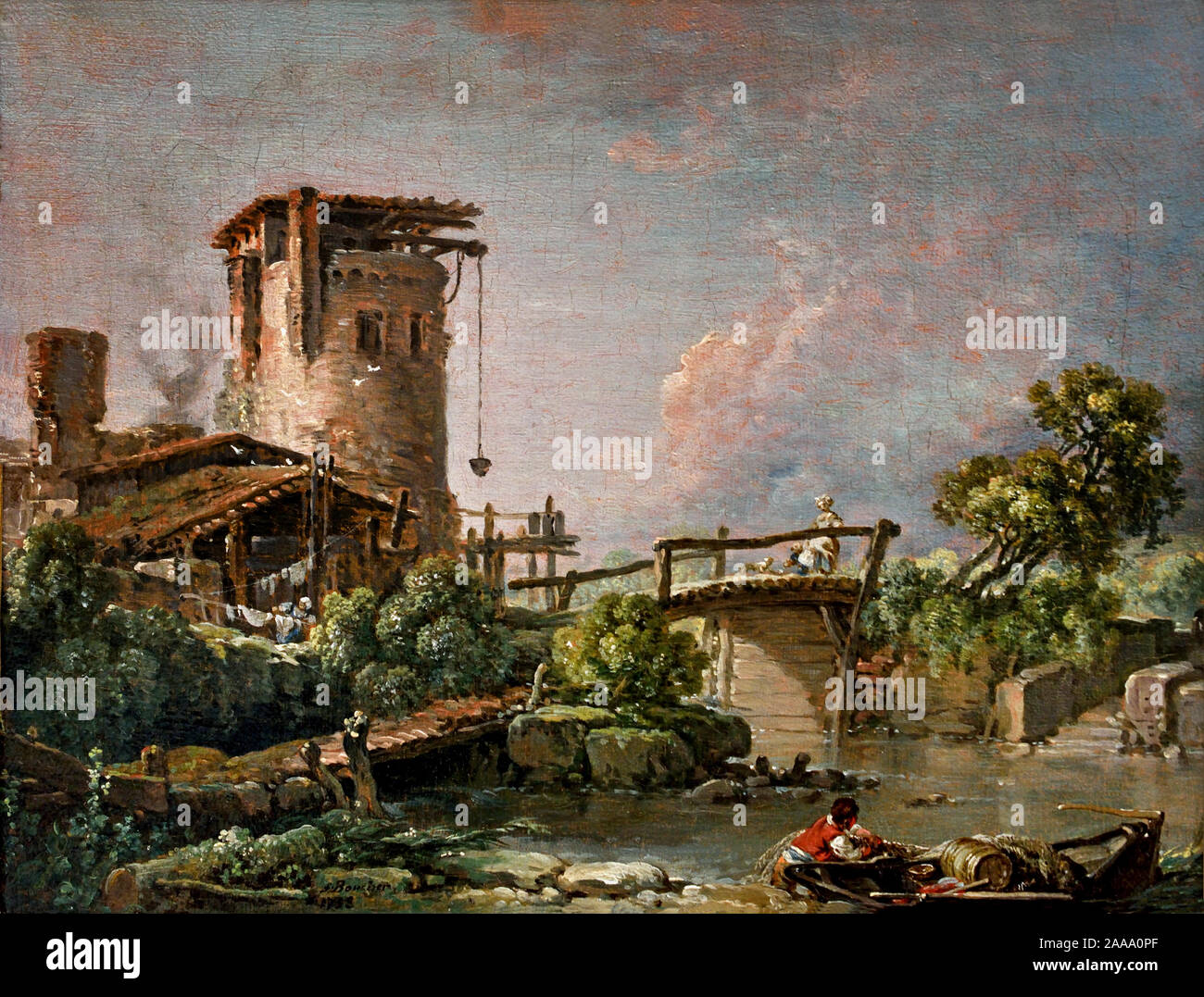 Paesaggio con torre e ponte 1758 del Boucher Francois,1703-70 francia - francese. Foto Stock