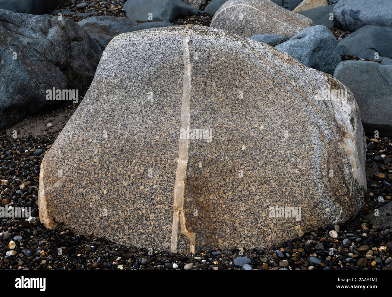 Boulder di Leinster granito con prominenti vena di quarzo a White Rock Beach, Killiney, County Dublin, Irlanda Foto Stock