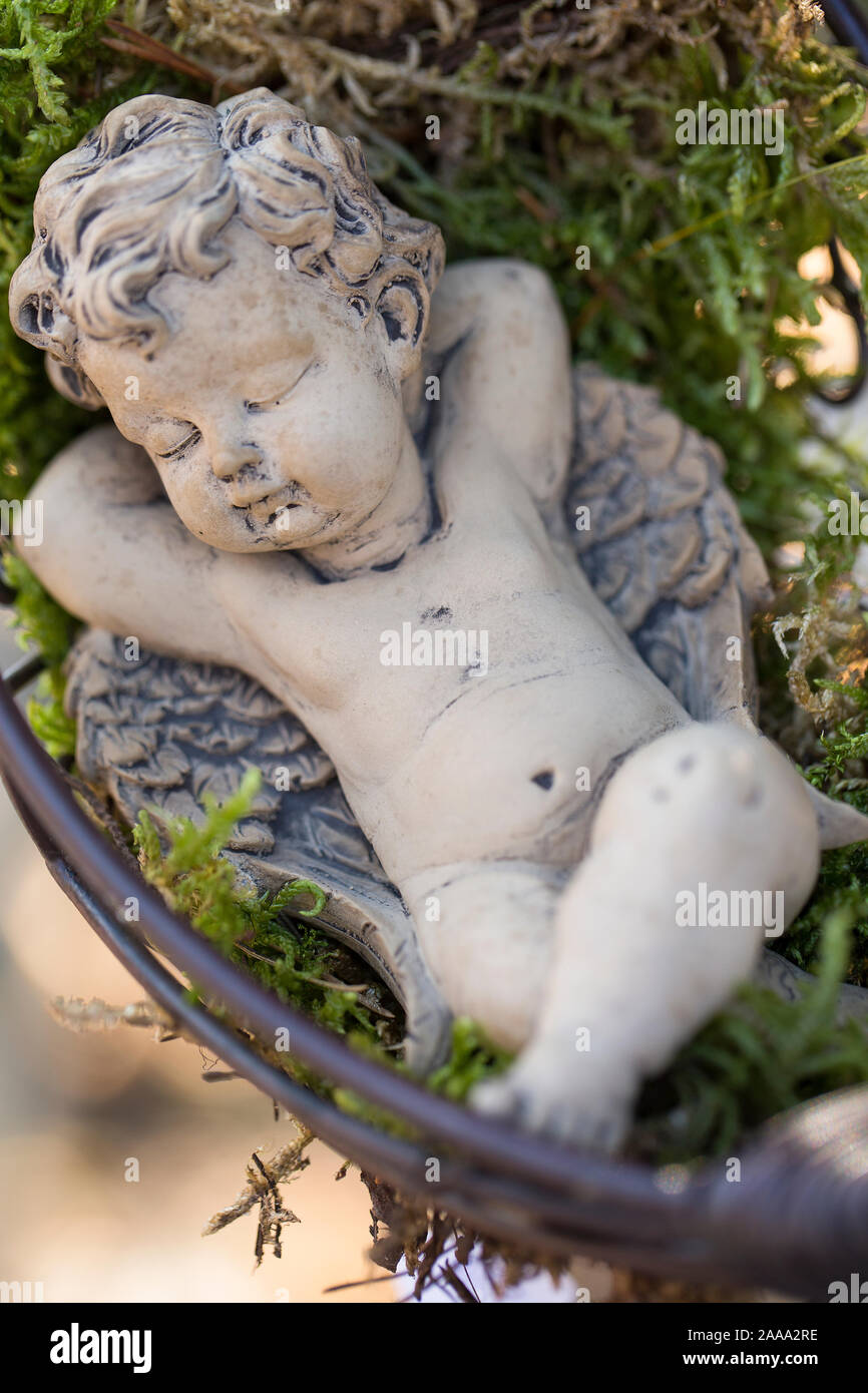 Piccolo angelo statuetta in un letto di muschio in giardino Foto Stock