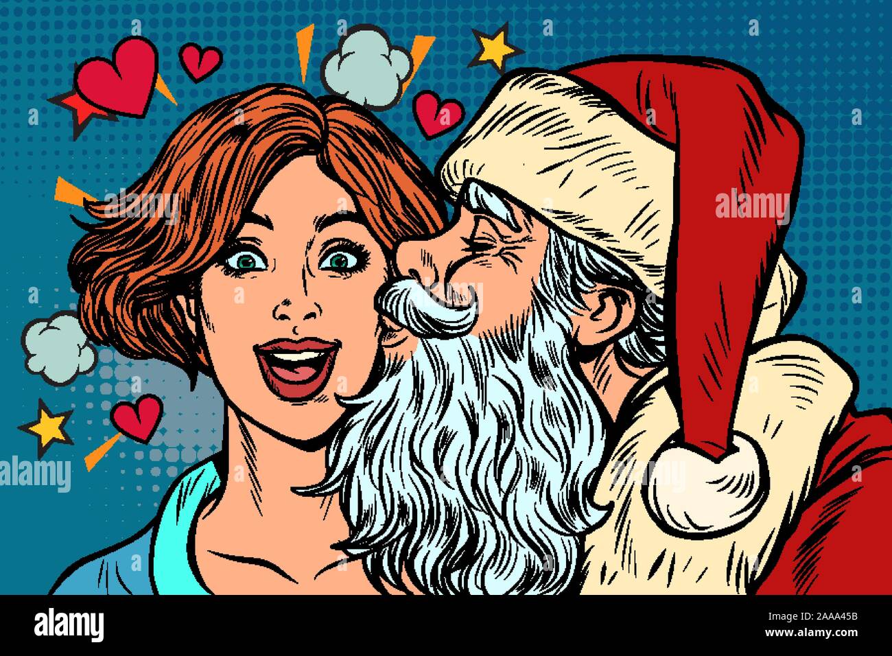 Babbo Natale bacia una donna, Natale e Capodanno Illustrazione Vettoriale