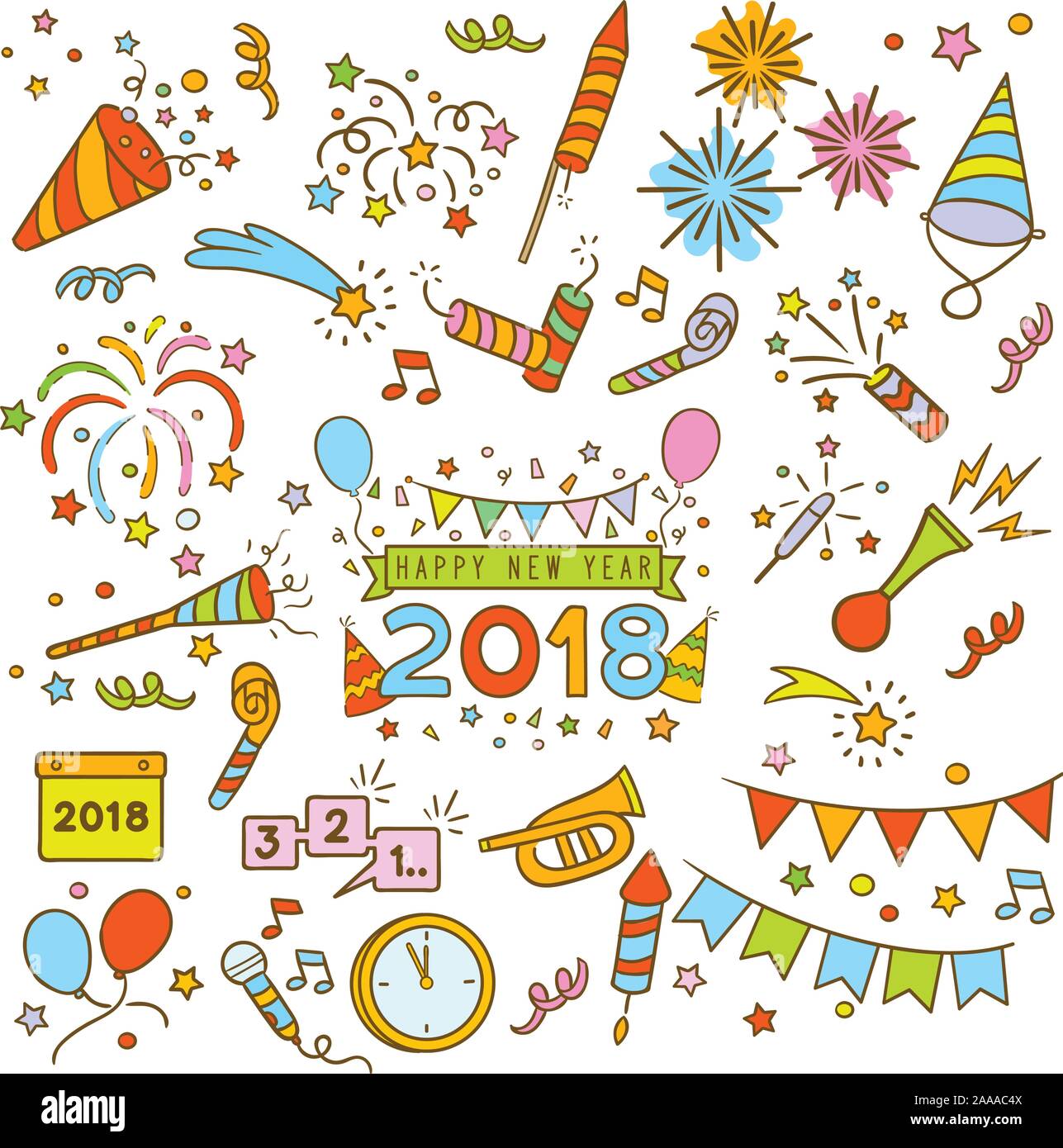 Handdrawn elementi del nuovo anno celebrazione isolato su bianco Illustrazione Vettoriale