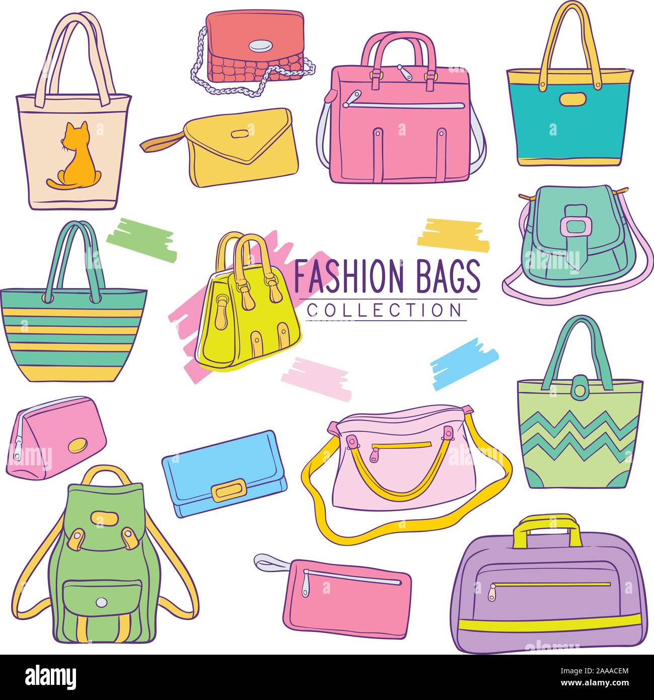 Set di colorati disegnati a mano borse fashion collection isolate su sfondo bianco Illustrazione Vettoriale