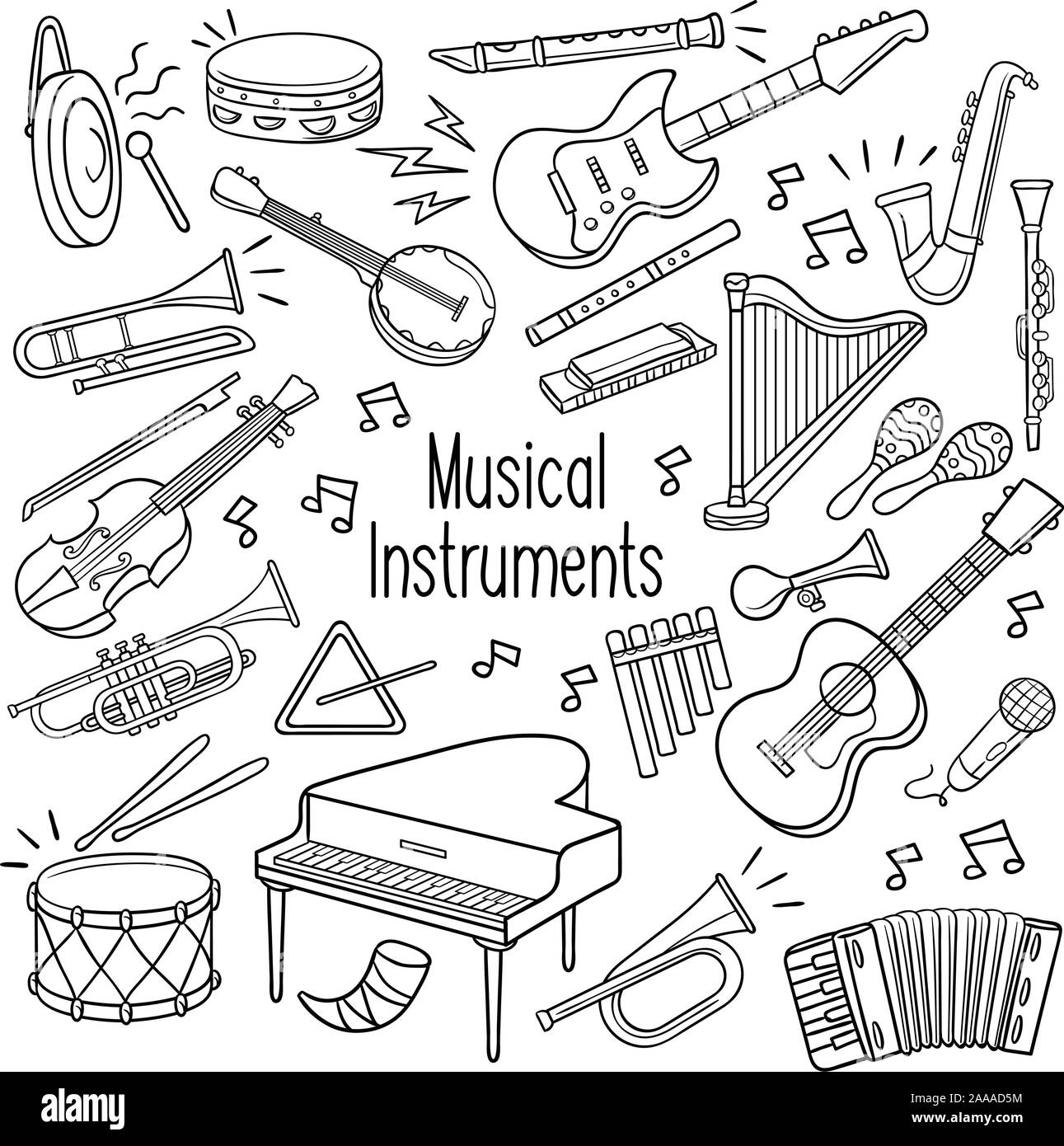 Set di strumento musicale delineato doodle schizzo in colore nero su sfondo bianco Illustrazione Vettoriale