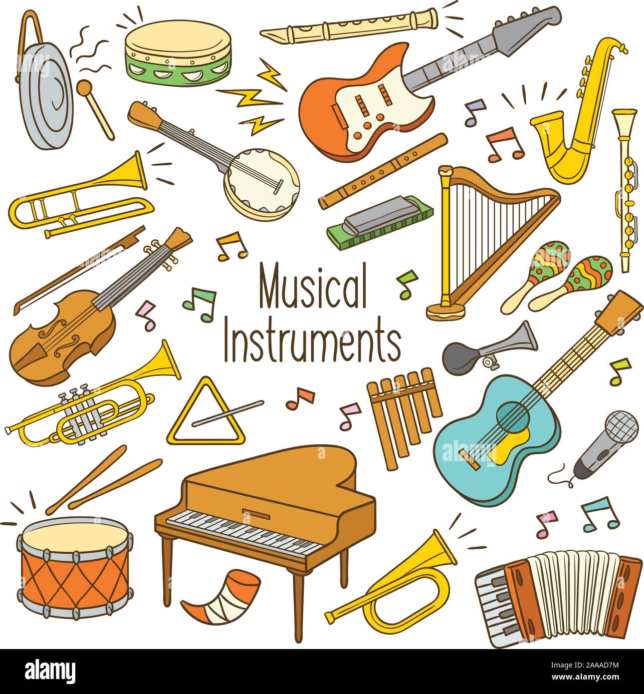 Set di disegnati a mano doodle strumento musicale a colori Illustrazione Vettoriale