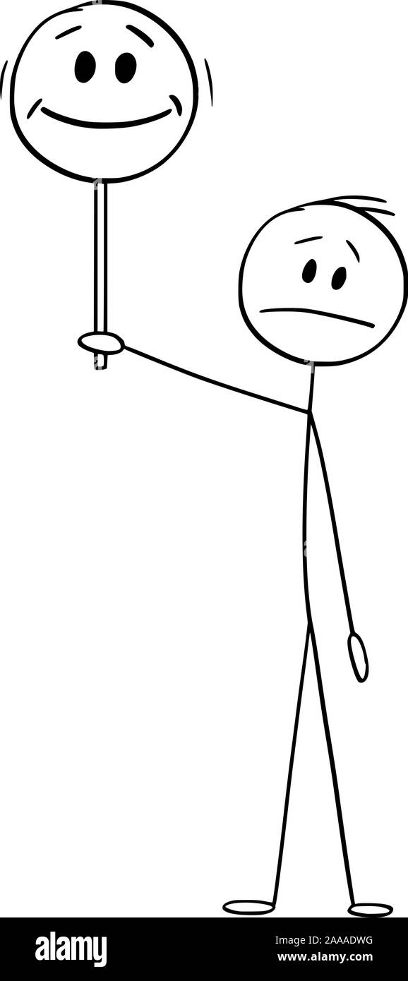 Vector cartoon stick figura disegno illustrazione concettuale della infelice o frustrato uomo o imprenditore holding e mostrando faccia felice segno. Illustrazione Vettoriale