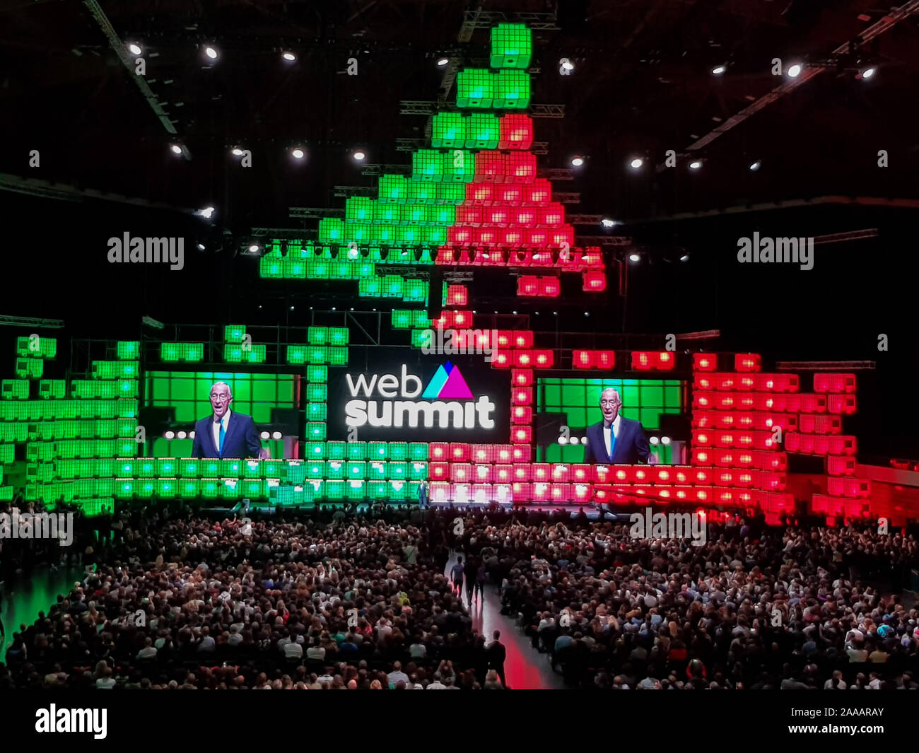 Lisbona, Portogallo - 7 November, 2019: Marcelo Rebelo de Sousa, Presidente del Portogallo, in fase di chiusura del Vertice Web 2019 Foto Stock