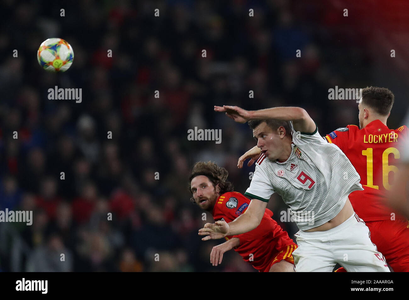 Cardiff, Regno Unito. Xix Nov, 2019. Adam Szalai di Ungheria (9) capi la palla oltre Joe Allen del Galles.UEFA EURO 2020 Gruppo qualificatore e corrispondono, Galles v Ungheria al Cardiff City Stadium di Cardiff, Galles del Sud martedì 19 novembre 2019. pic da Andrew Orchard/Andrew Orchard fotografia sportiva/Alamy live News solo uso editoriale Credito: Andrew Orchard fotografia sportiva/Alamy Live News Foto Stock