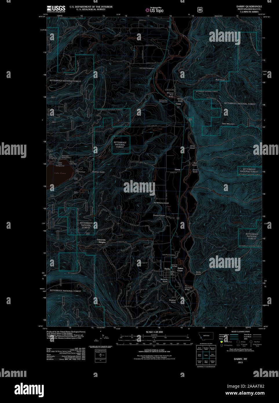 USGS TOPO Map Montana MT Darby 20110603 TM restauro invertito Foto Stock