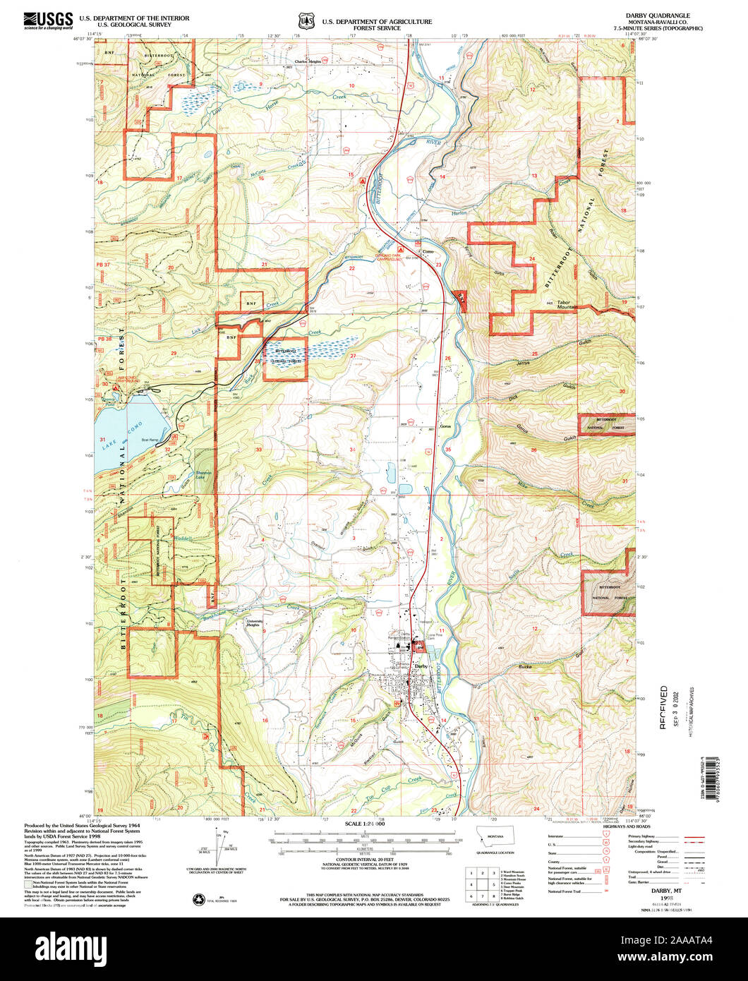 USGS TOPO Map Montana MT Darby 263305 1998 24000 Restauro Foto Stock