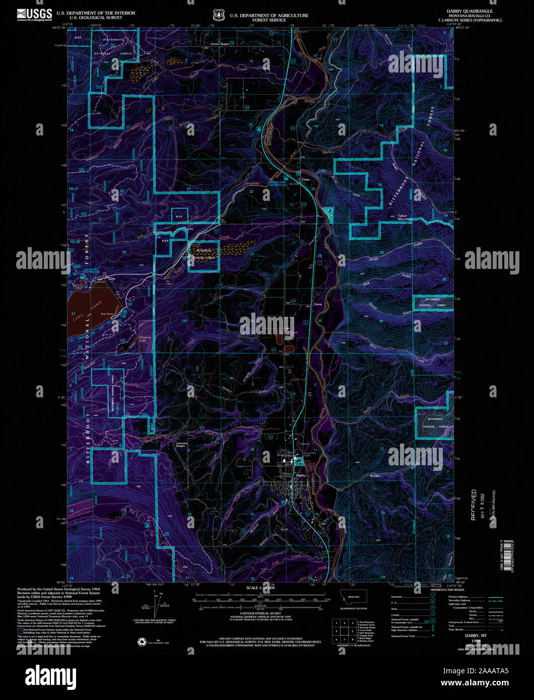 USGS TOPO Map Montana MT Darby 263305 1998 24000 Restauro invertito Foto Stock