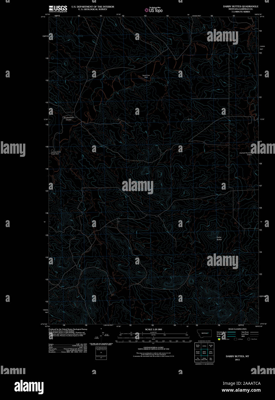 USGS TOPO Map Montana MT Darby Buttes 20110620 TM restauro invertito Foto Stock