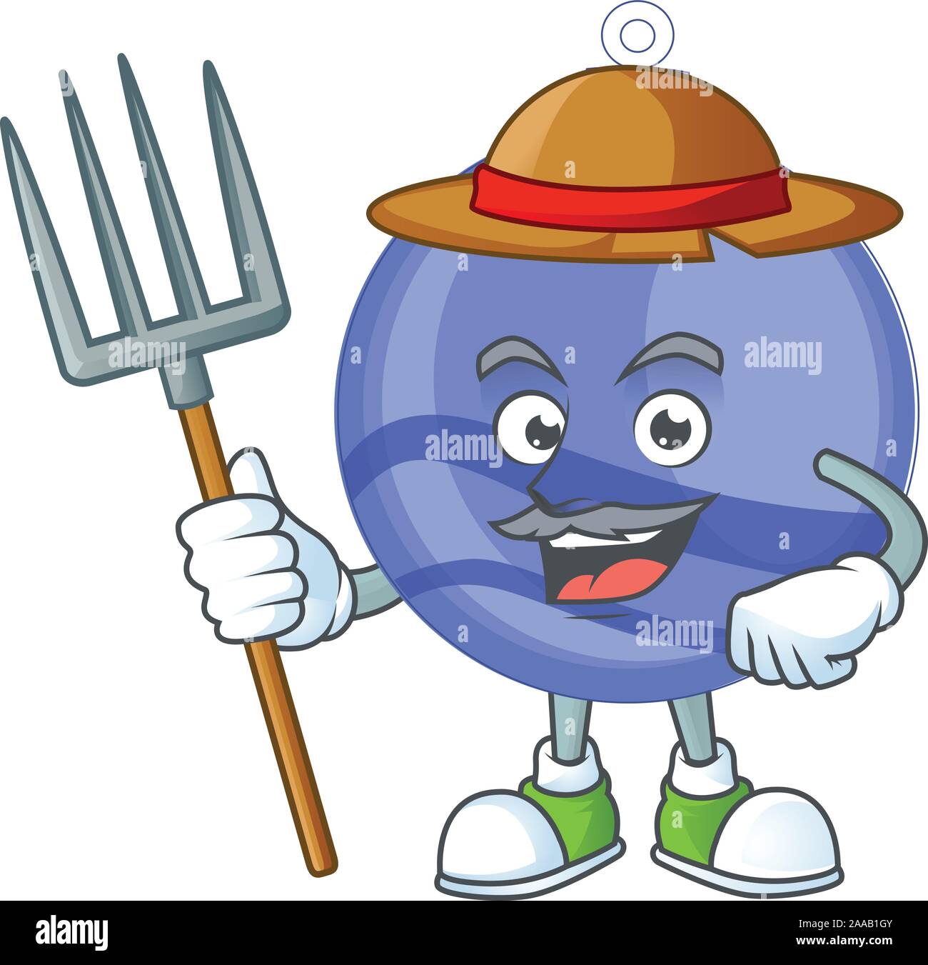 Blue PALLA DI NATALE cartone animato con mascotte agricoltore Illustrazione Vettoriale