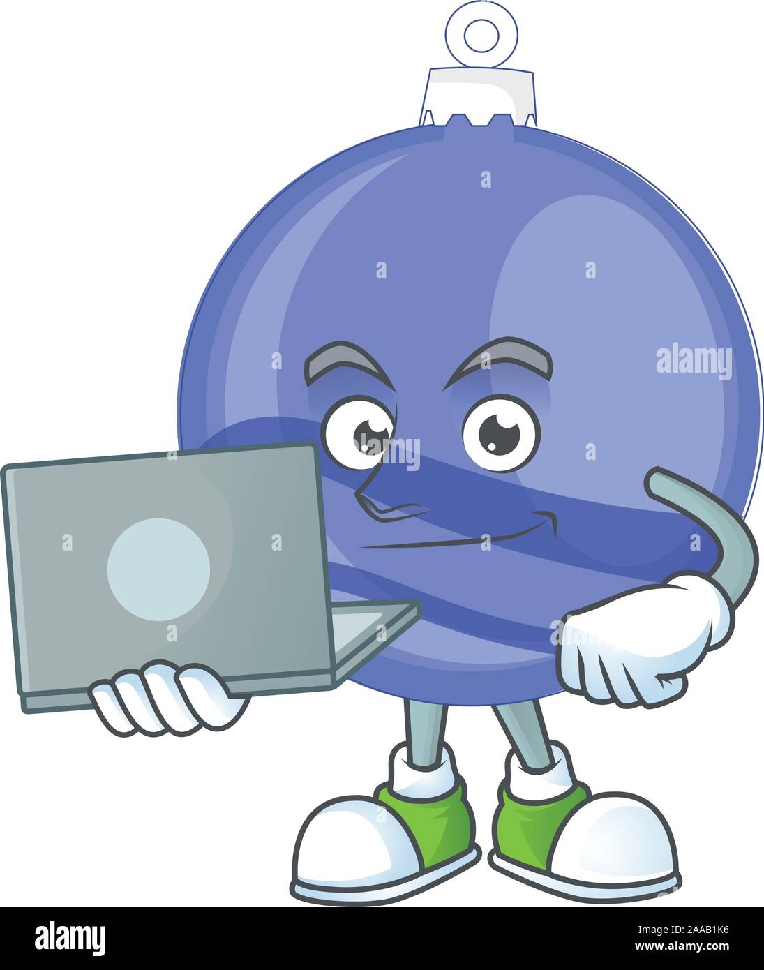 Blue PALLA DI NATALE cartone animato con la mascotte di portare il computer portatile Illustrazione Vettoriale