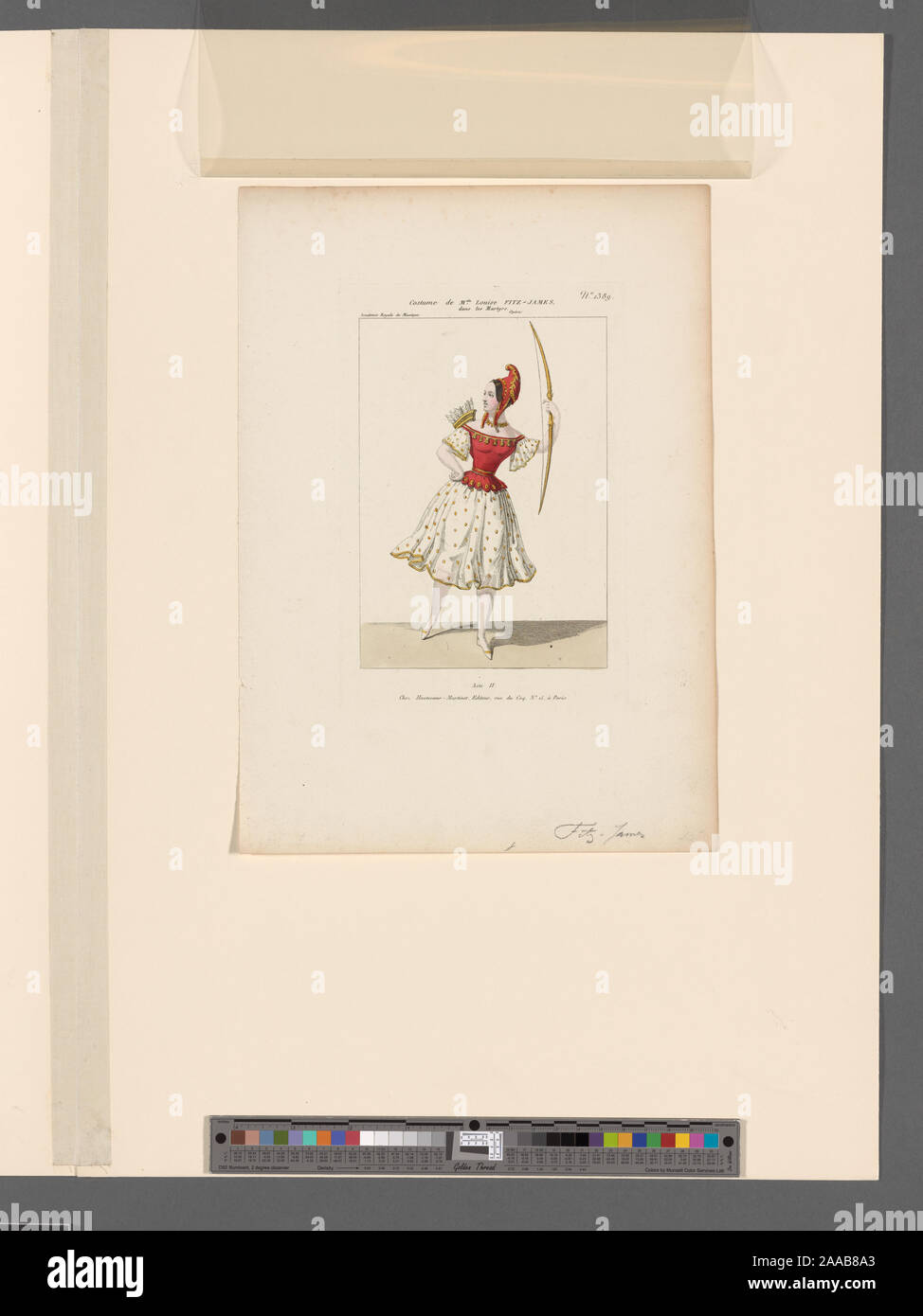 A tutta lunghezza, leggermente a destra, guardando a sinistra, salendo sul piede sinistro, destro in vita, lato sinistro sollevato e holding bow; faretra con le frecce sul retro; indossa un casco.; Costume de Melle. Louise Fitz-James dans les martiri, Opéra, acte II. Foto Stock