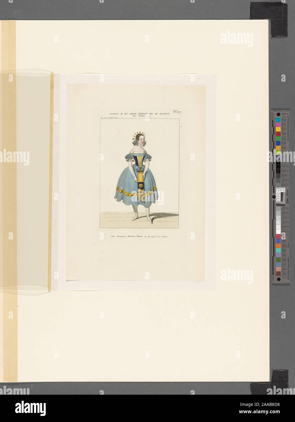 Lunghezza completa a destra, il suo piede sinistro avanti, indossando il colore grigio-blu senza spalline abito con rivestimento in oro, oro perni nei suoi capelli.; Costume de Mme. Grisi Perrot, rôle de Gianita, dans Zingaro. Foto Stock