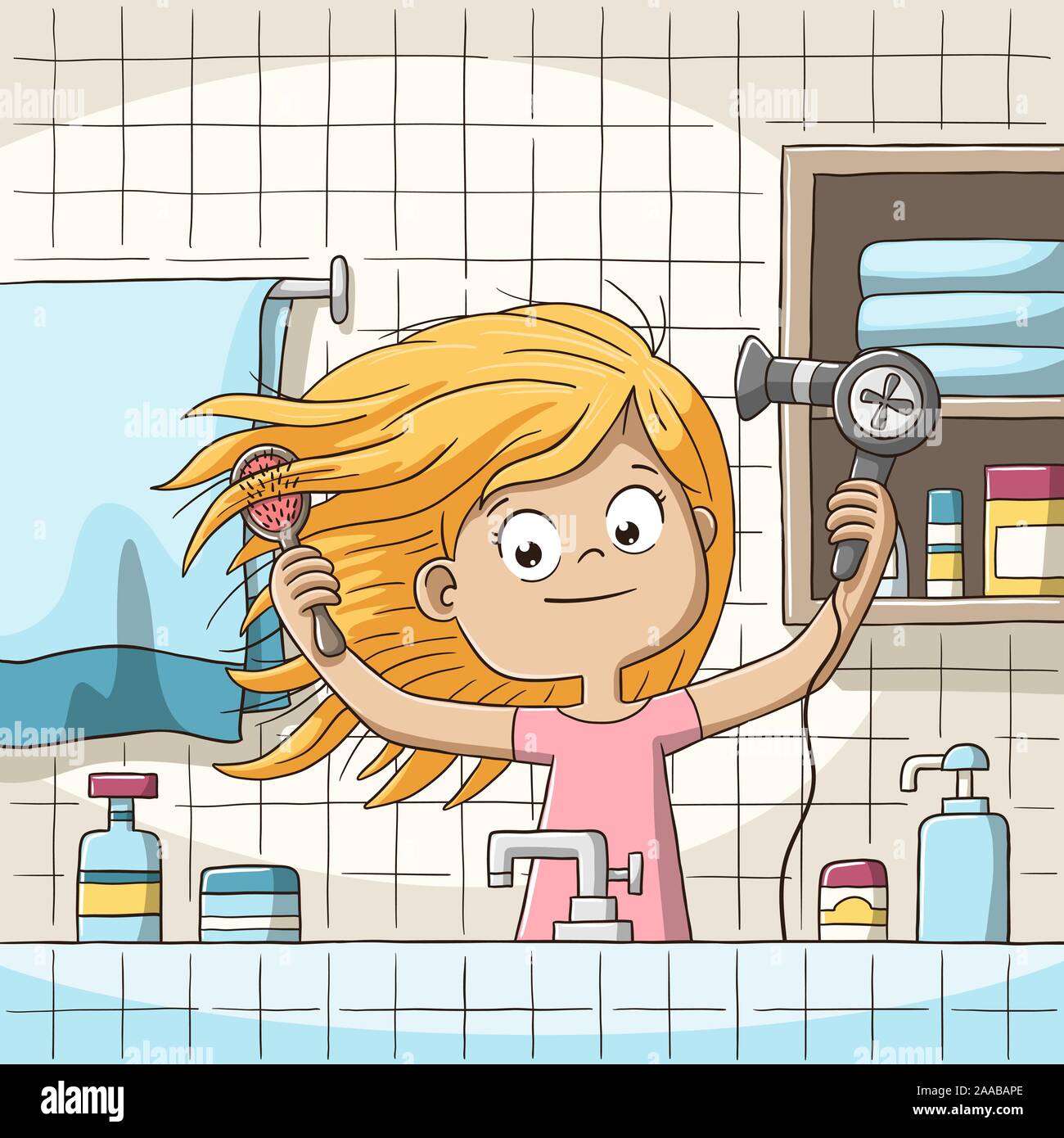 Soffiare la ragazza si asciuga i capelli. Disegnata a mano illustrazione vettoriale con strati separati. Illustrazione Vettoriale