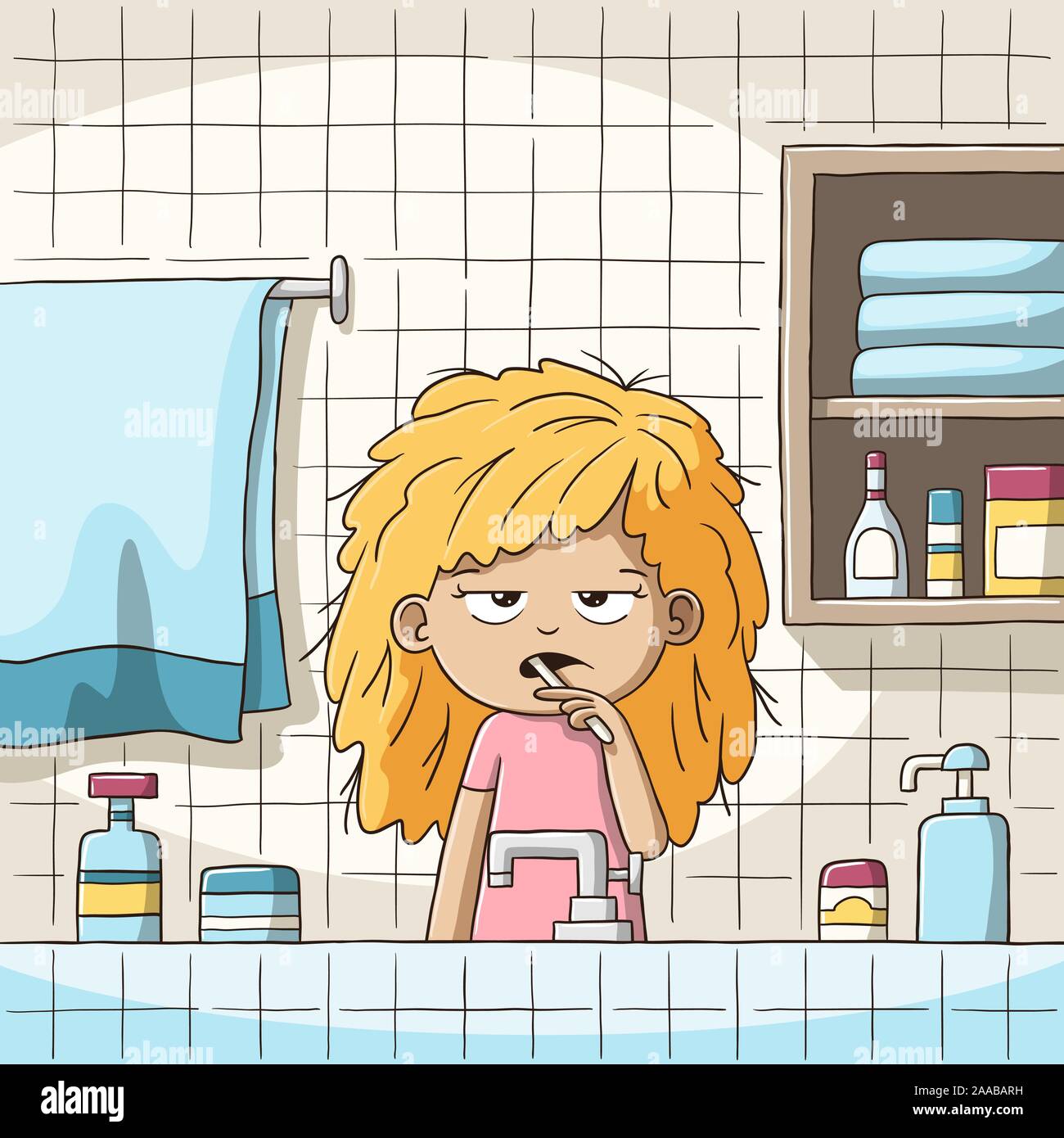 Stanco ragazza spazzole i suoi denti al mattino. Disegnata a mano illustrazione vettoriale con strati separati. Illustrazione Vettoriale