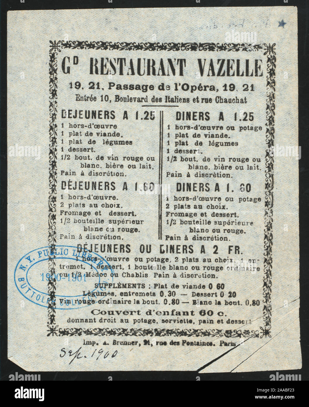 Per bambini prezzo di un pasto e corsi elencati;VINO CON CIASCUN PREZZO PASTO fisso;data manoscritta altri probabilmente posto più tardi;manoscritta su retro A.S.FREINUS;francese; menu del giorno [detenute da] GD RISTORANTE VAZELLE [at] 19,21 il passaggio DE L'OPERA (RESTO;) Foto Stock