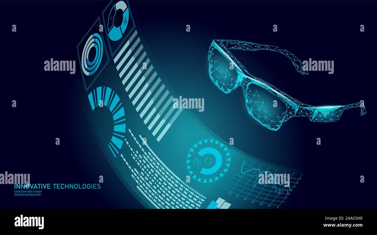 Virtual augmented reality bicchieri bassa poli. Innovazione media entertainment concetto poligonale. Tecnologia di connessione web cinema 3D illustrazione vettoriale Illustrazione Vettoriale