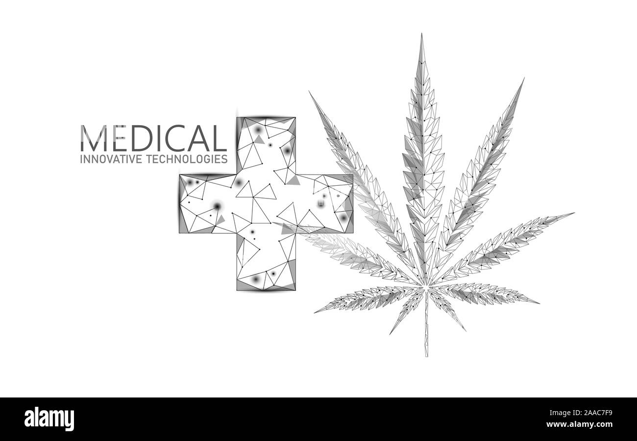 Bassa poli 3D la marijuana medica a foglia. Legalizzare medical dolore concetto di trattamento. Cannabis medicina di erbaccia croce simbolo. Stato legale prescrizione tradizionale Illustrazione Vettoriale