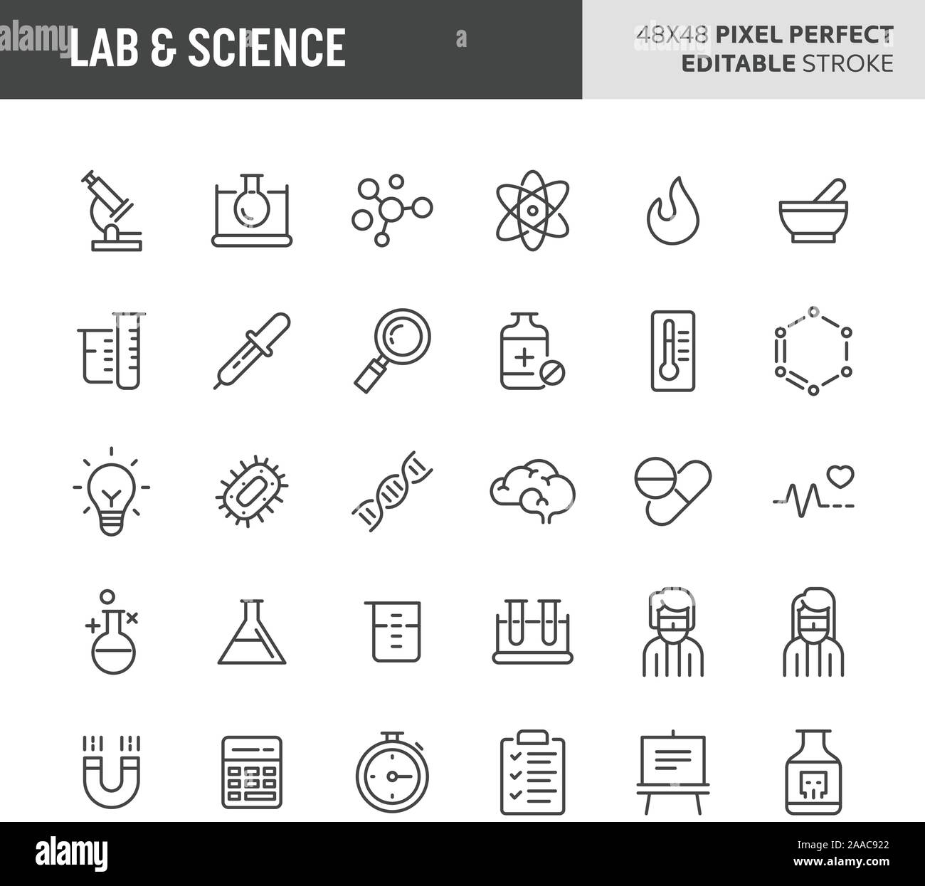 30 linea sottile icone associate con lab e la scienza. Simboli quali attrezzature di laboratorio, la ricerca e gli esperimenti sono incluse in questa serie. 48x48 pix Illustrazione Vettoriale