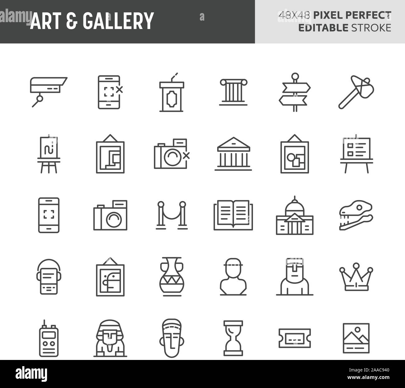 30 linea sottile icone associate con l'arte e la galleria con simboli come oggetto storico, opere d'arte e museo degli oggetti correlati sono inclusi in questo se Illustrazione Vettoriale
