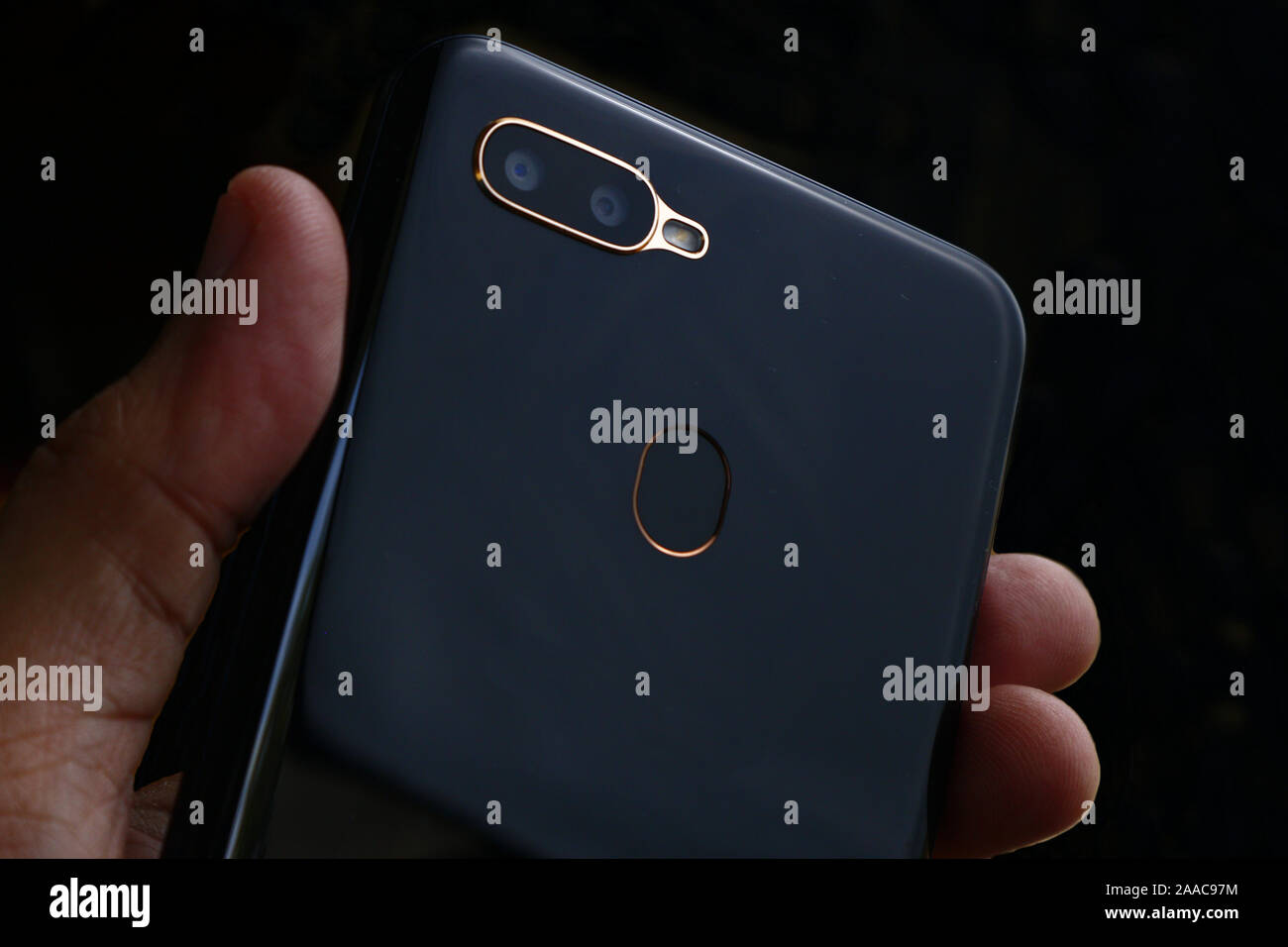 Foto di dual lens fotocamera e scanner di impronte digitali sul retro di uno smartphone Foto Stock