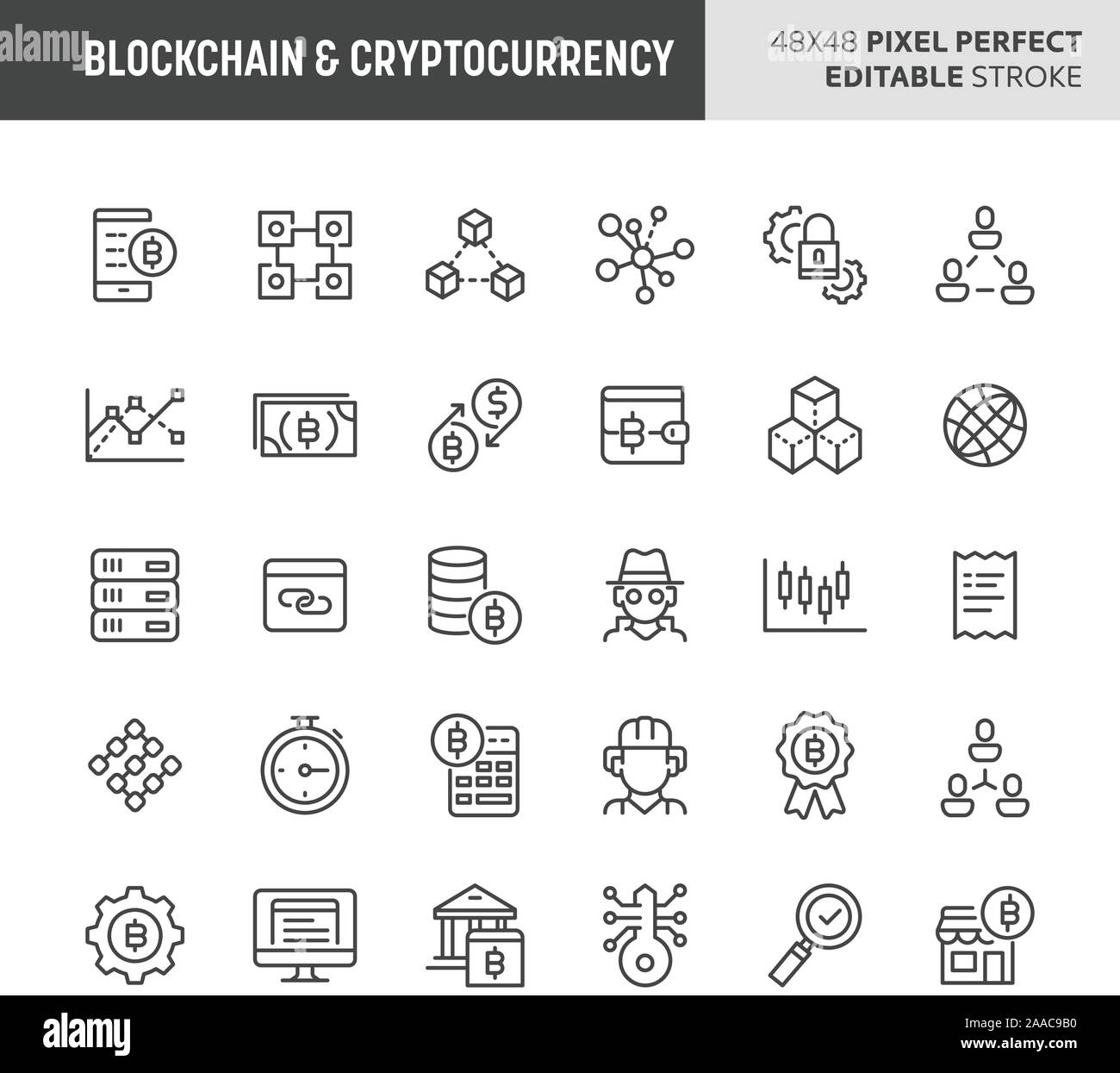 30 linea sottile icone associate con blockchain & cryptocurrency. Simboli come dati digitali, crittografia, transaction & sicurezza sono inclusi. 48x48 Illustrazione Vettoriale