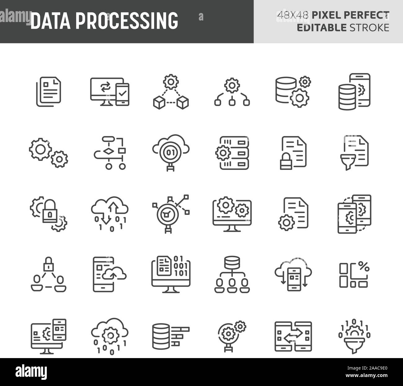 30 linea sottile icone associate con l'elaborazione dei dati. Simboli come la manipolazione dei dati, la conversione dei dati e filtraggio dei dati sono incluse in questa serie. 48x Illustrazione Vettoriale